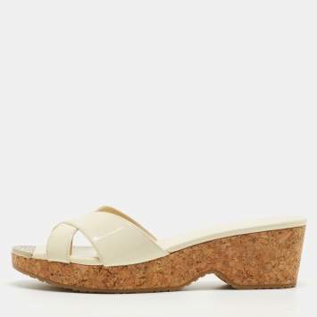 Pre Owned Jimmy Choo Cream Patent Leather Panna Wedge Sandals Size 40.5