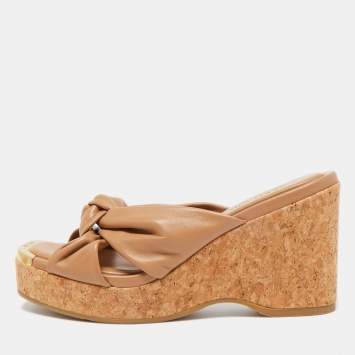 Pre Owned Jimmy Choo Brown Knotted Leather Avenue Wedge Sandals Size 38.5