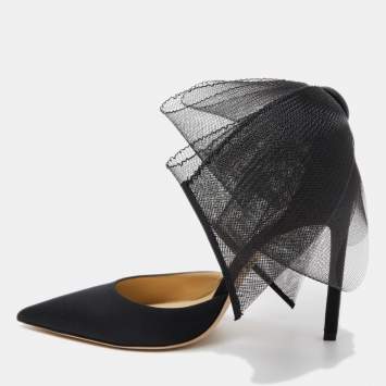 Pre Owned Jimmy Choo Black Canvas and Mesh Aveline Bow Pointed Toe Ankle Cuff Pumps Size 38.5