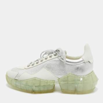 Pre Owned Jimmy Choo White/Silver Leather Diamond Low Top Sneakers Size 39.5