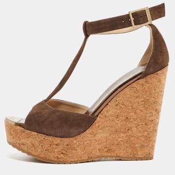 Pre Owned Jimmy Choo Brown Suede Wedge Sandals Size 37