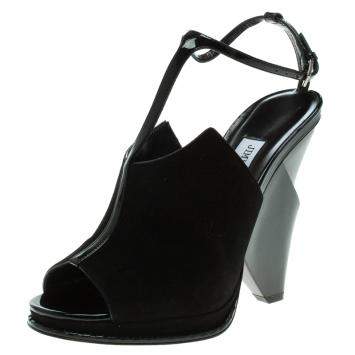 Pre Owned Jimmy Choo Black Suede Kascade T-Strap Wedge Sandals Size 38.5