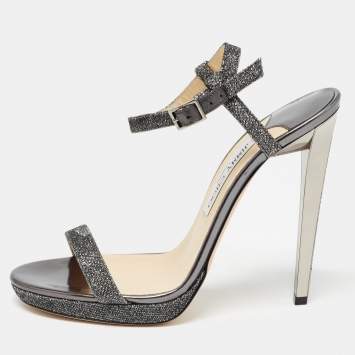Pre Owned Jimmy Choo Grey Glitter Fabric Claudette Sandals Size 40.5