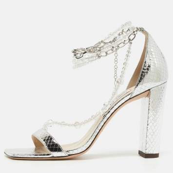 Pre Owned Jimmy Choo Silver Embossed Snakeskin Neena Sandals Size 40