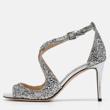 Pre Owned Jimmy Choo Silver Coarse Glitter Emily Sandals Size 37