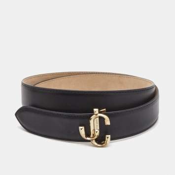 Pre Owned Jimmy Choo Black Leather JC Logo Belt 80CM