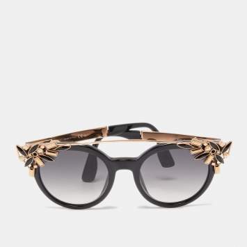Pre Owned Jimmy Choo Black/Gold Vivy Crystals Embellished Round Sunglasses