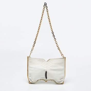 Pre Owned Jimmy Choo White/Black Leather Frame Chain Bag
