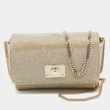 Pre Owned Jimmy Choo Gold Lame Glitter Fabric Ruby Chain Clutch