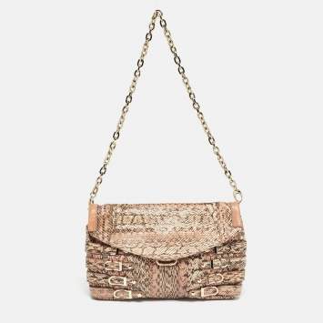 Pre Owned Jimmy Choo Pink Snakeskin and Leather Brix Convertible Chain Clutch