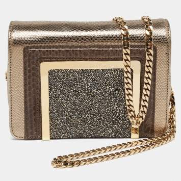 Pre Owned Jimmy Choo Gold/Brown Leather and Snakeskin Ava Crossbody Bag