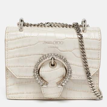 Pre Owned Jimmy Choo Cream Croc Embossed Leather Mini Paris Crossbody Bag