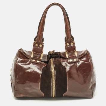 Pre Owned Jimmy Choo Brown Patent Leather and Suede Large Marla Bag
