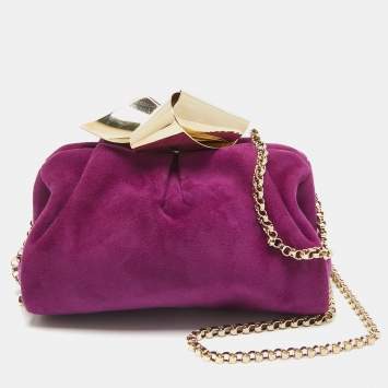Pre Owned Jimmy Choo Purple Suede Metal Knot Chain Clutch