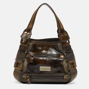 Pre Owned Jimmy Choo Olive Green Patent Leather and Suede Mahala Tote