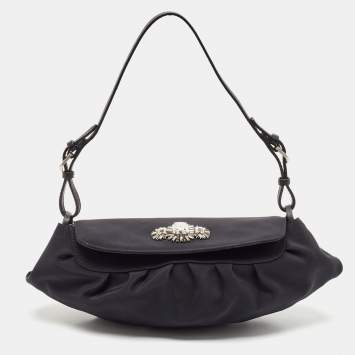 Pre Owned Jimmy Choo Black Satin Crystals Embellished Flap Pochette Bag