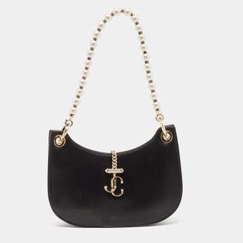 Pre Owned Jimmy Choo Black Leather Pearl Embellished Varenne Hobo