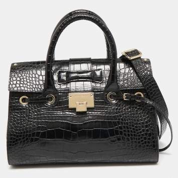 Pre Owned Jimmy Choo Black Croc Embossed Leather Rosalie Top Handle Bag