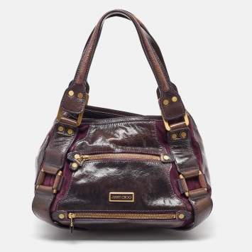 Pre Owned Jimmy Choo Dark Brown/Purple Patent Leather and Suede Mahala Satchel