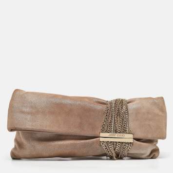 Pre Owned Jimmy Choo Beige Shimmering Suede Chandra Clutch