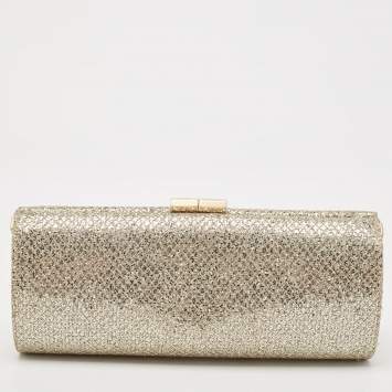 Pre Owned Jimmy Choo Gold Glitter and Lurex Fabric Twill Tube Clutch