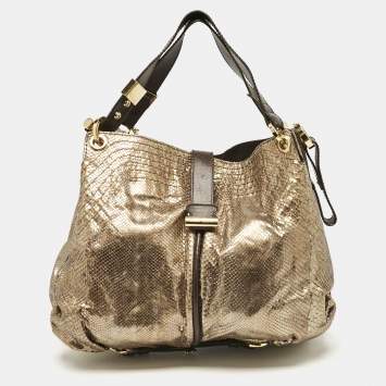 Pre Owned Jimmy Choo Gold/Brown Leather and Snakeskin Alex Shoulder Bag