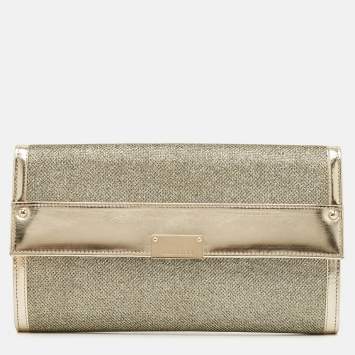 Pre Owned Jimmy Choo Gold Leather and Glitter Mesh Reese Continental Clutch