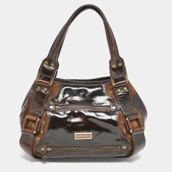 Pre Owned Jimmy Choo Dark Brown Patent Leather and Suede Malena Satchel