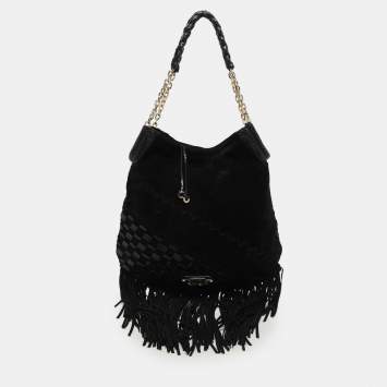Pre Owned Jimmy Choo Black Suede and Snakeskin Fringed Tatum Hobo