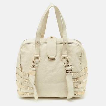 Pre Owned Jimmy Choo Off White Leather and Snakeskin Trim Bree Bag