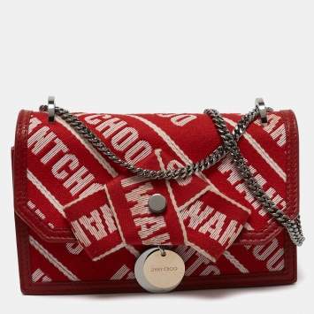 Pre Owned Jimmy Choo Red Canvas and Leather Finley Logo Crossbody Bag