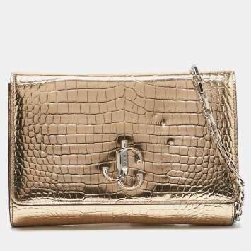 Pre Owned Jimmy Choo Gold Croc Embossed Leather Varenne Chain Clutch