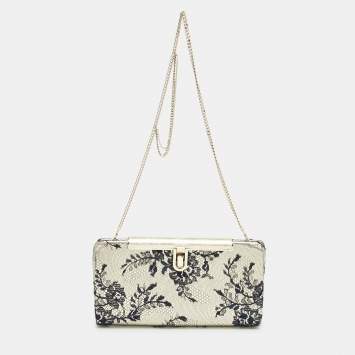 Pre Owned Jimmy Choo Pale Gold/Navy Blue Lace Camille and Leather Chain Clutch