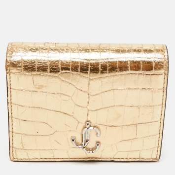 Pre Owned Jimmy Choo Gold Croc Embossed Leather Hanne Card Case