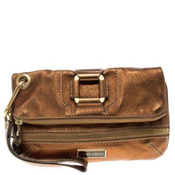 Pre Owned Jimmy Choo Bronze Leather Mave Foldover Clutch