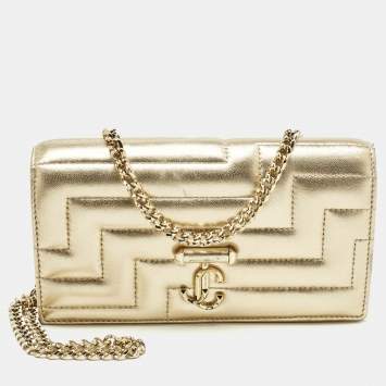 Pre Owned Jimmy Choo Gold Quilted Leather Avenue Wallet On Chain