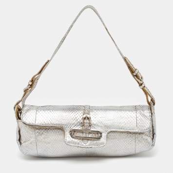 Pre Owned Jimmy Choo Metallic Silver Python Tulita Baguette Bag