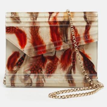 Pre Owned Jimmy Choo Clear/Multicolor Feather Print Acrylic Candy Chain Clutch