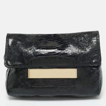 Pre Owned Jimmy Choo Black Lizard Embossed Glossy Leather Carolina Clutch
