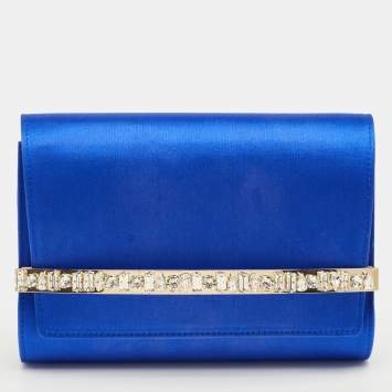 Pre Owned Jimmy Choo Blue Satin Crystals Embellished Flap Clutch