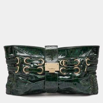 Pre Owned Jimmy Choo Green Leopard Print Patent Leather Clutch