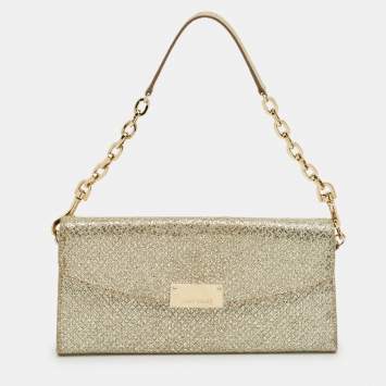 Pre Owned Jimmy Choo Gold Glitter Riane Chain Clutch 