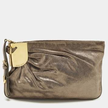 Pre Owned Jimmy Choo Pleated Metallic Textured Suede Wristlet Pouch