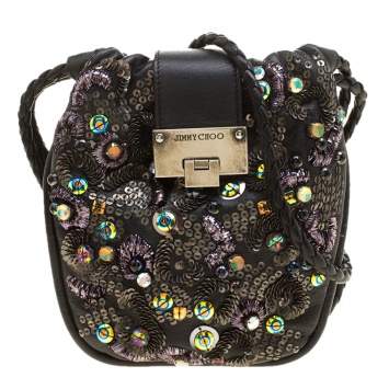 Pre Owned Jimmy Choo Black Leather Sequin Embellished Crossbody Bag