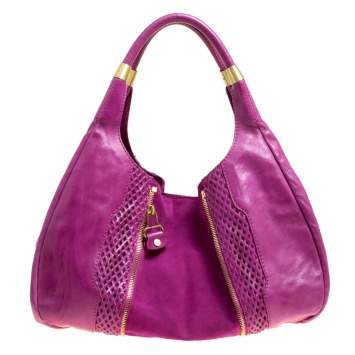 Pre Owned Jimmy Choo Hot Pink Perforated Leather  and Suede Mandah Hobo