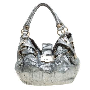 Pre Owned Jimmy Choo Silver Python Embossed Leather Riki Tote