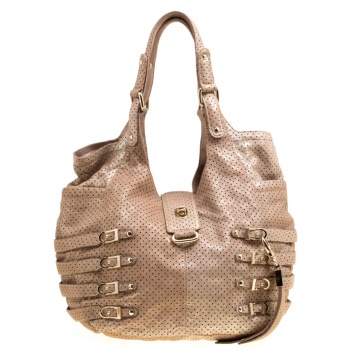 Pre Owned Jimmy Choo Gold Perforated Leather Bardia Buckle Shoulder Bag