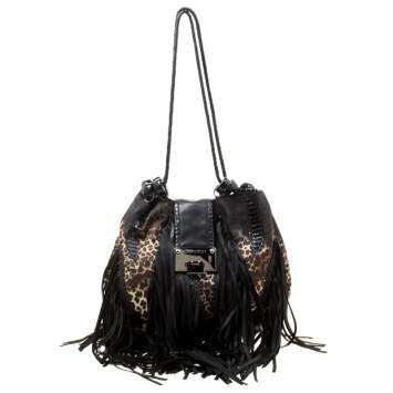 Pre Owned Jimmy Choo Black/Beige Leopard Print Leather and Snakeskin Fringe Drawstring Bag