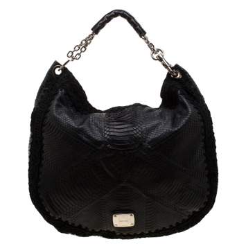 Pre Owned Jimmy Choo Black Phyton and Crocheted Lace Sky Hobo