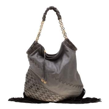 Pre Owned Jimmy Choo Grey/Black Leather and Python Trim Tatum Fringe Hobo